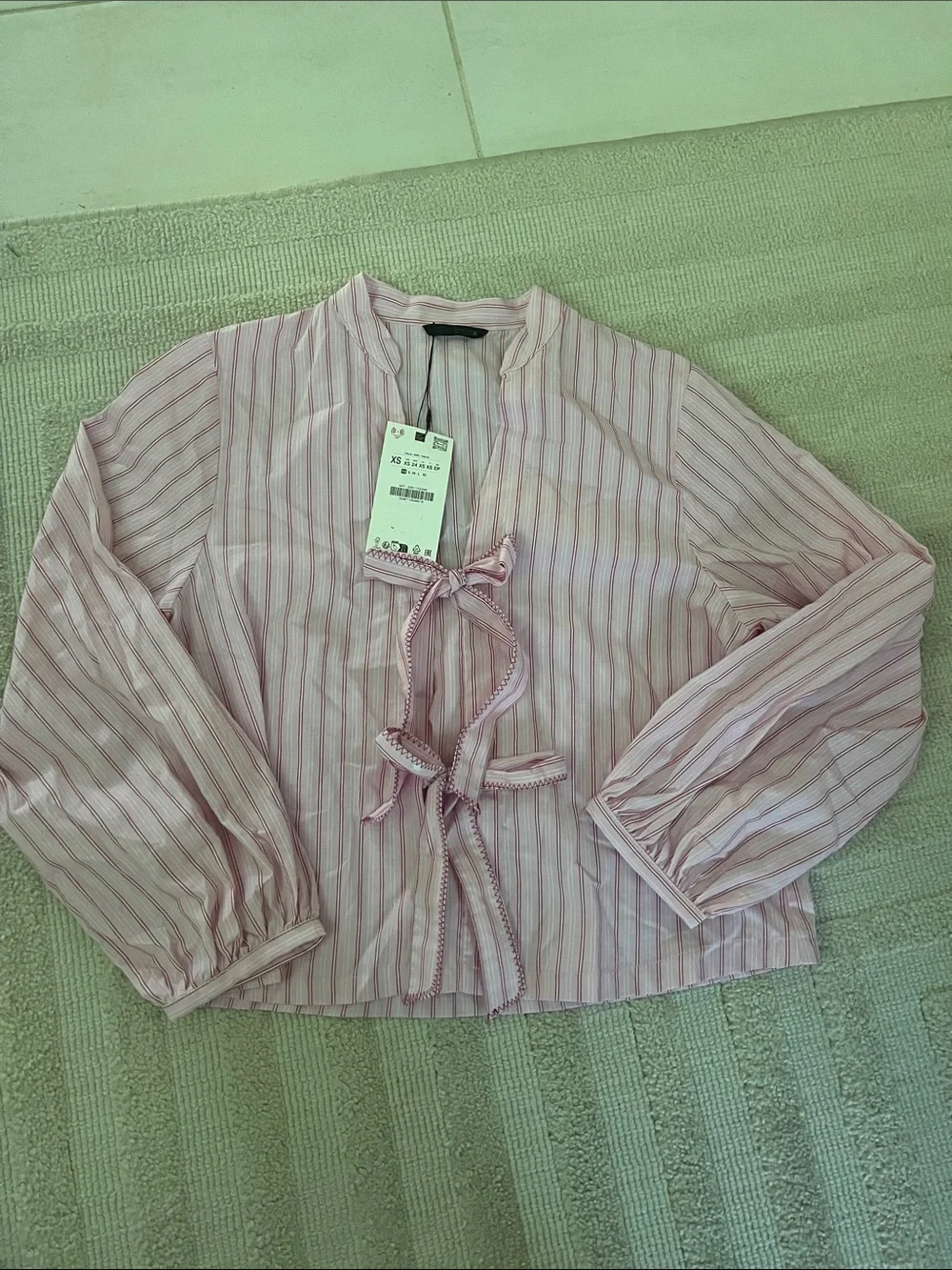 NWT Zara Long Sleeve Pink Striped Tie Front Blouse